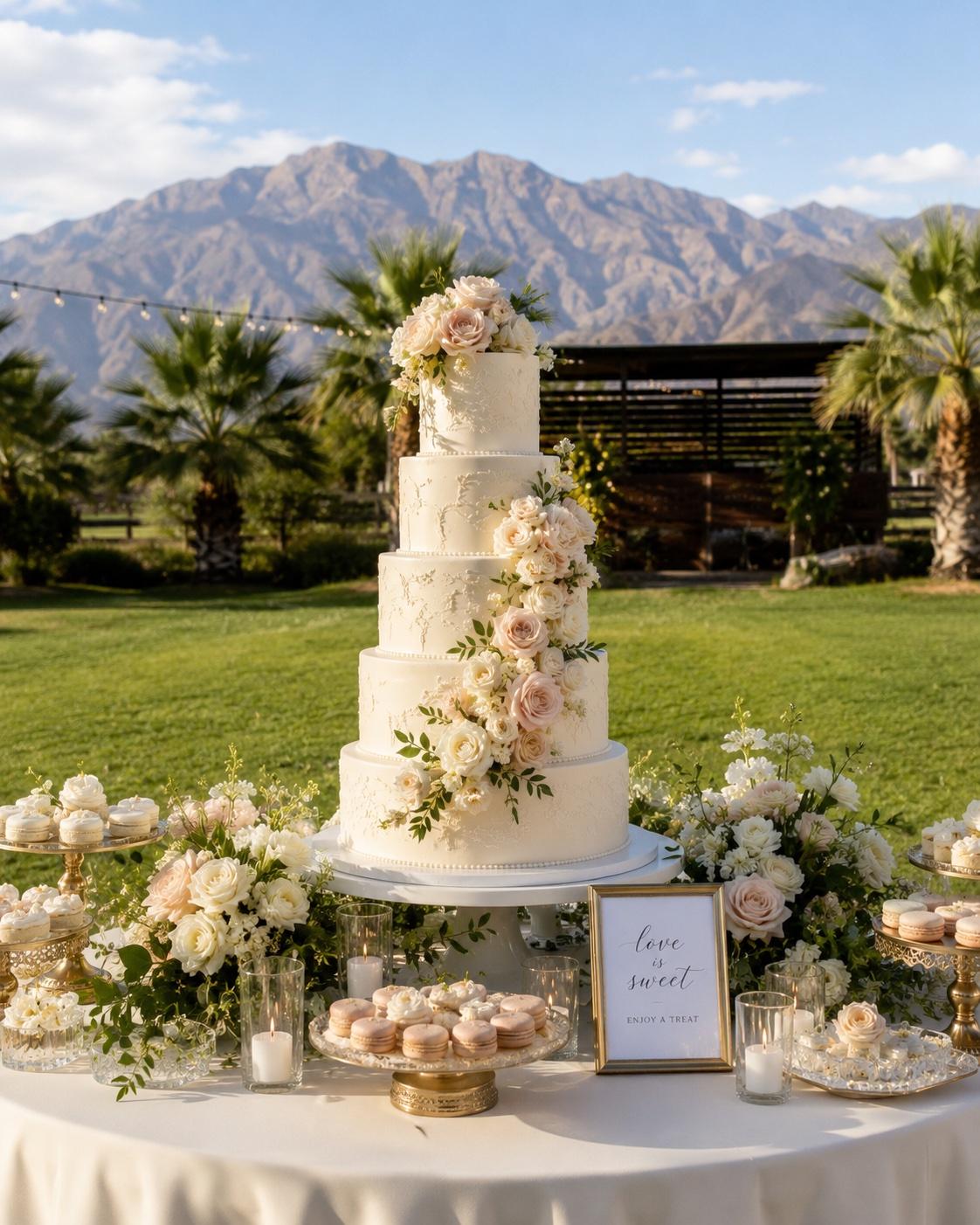 Five-tier wedding cake at Mi Amor Ranch with cascading blush florals, mountains in the background