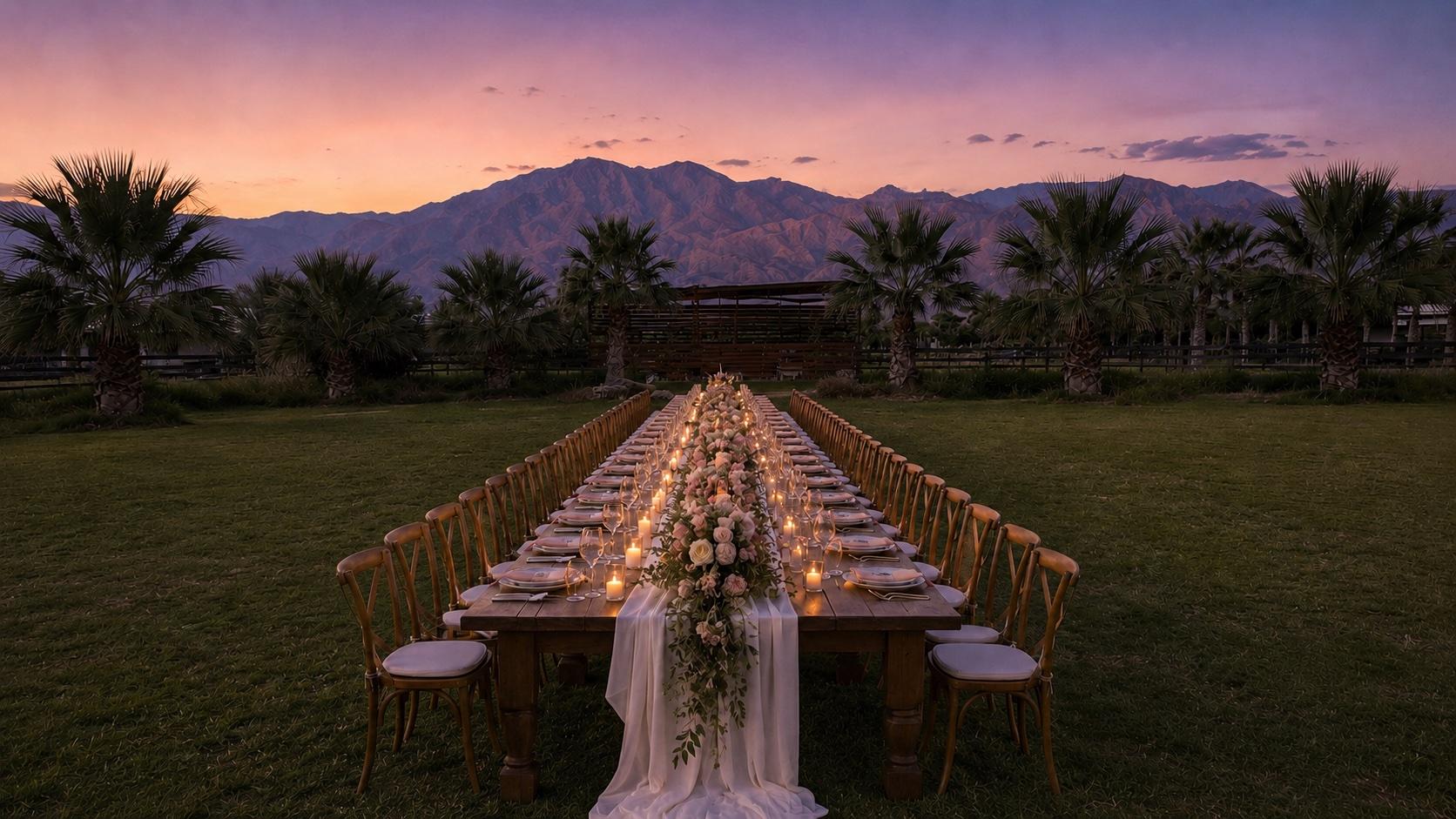 Long-table dinner setup at Mi Amor Ranch at dusk — candles, blush florals down the runner, palms and mountains behind