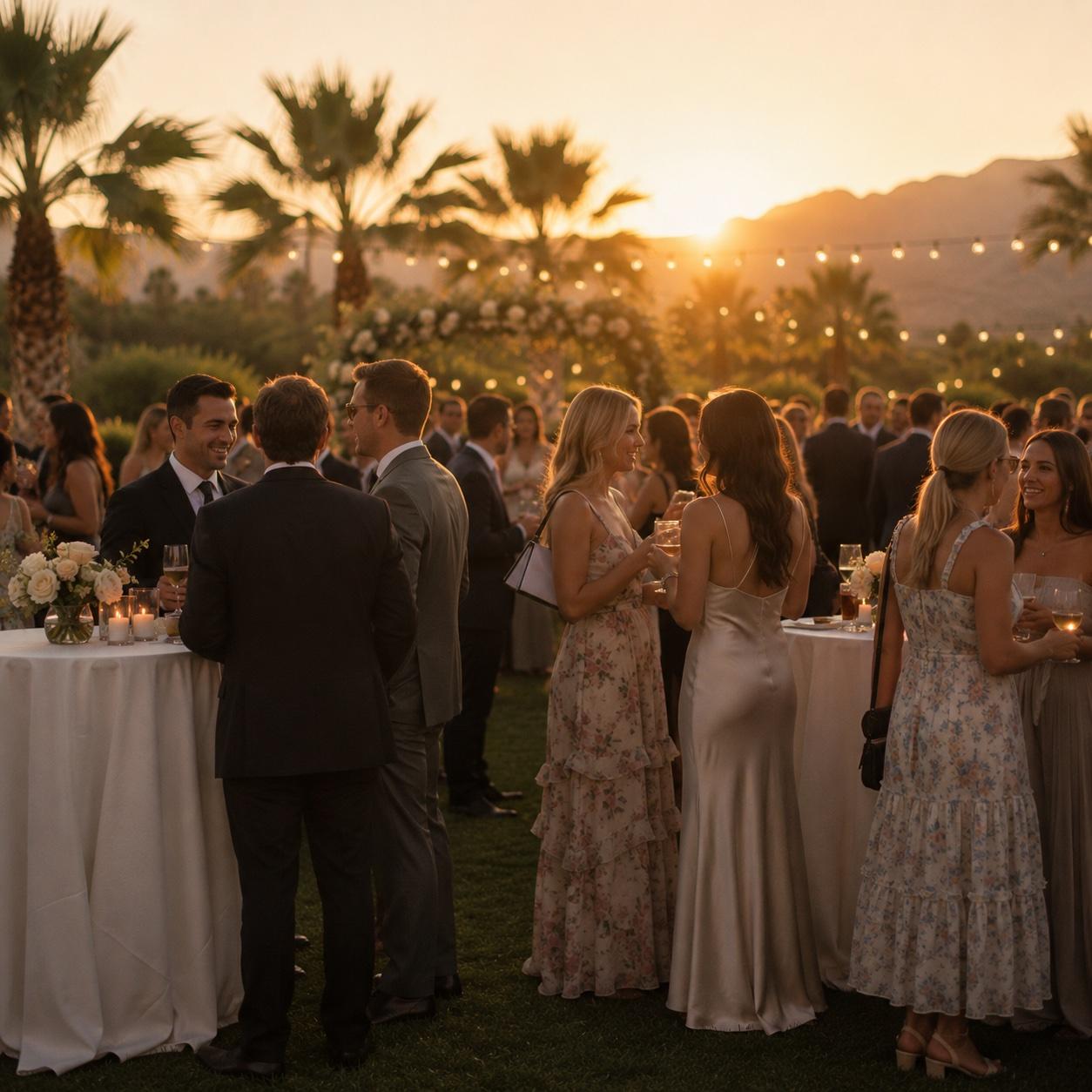Cocktail hour mingling at Mi Amor Ranch at golden hour — guests, string lights, palms