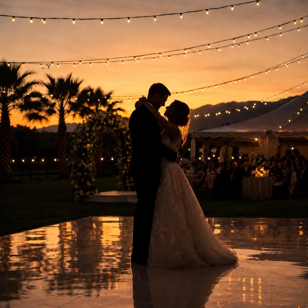 First dance at a Mi Amor Ranch wedding — couple silhouetted against sunset with string lights overhead