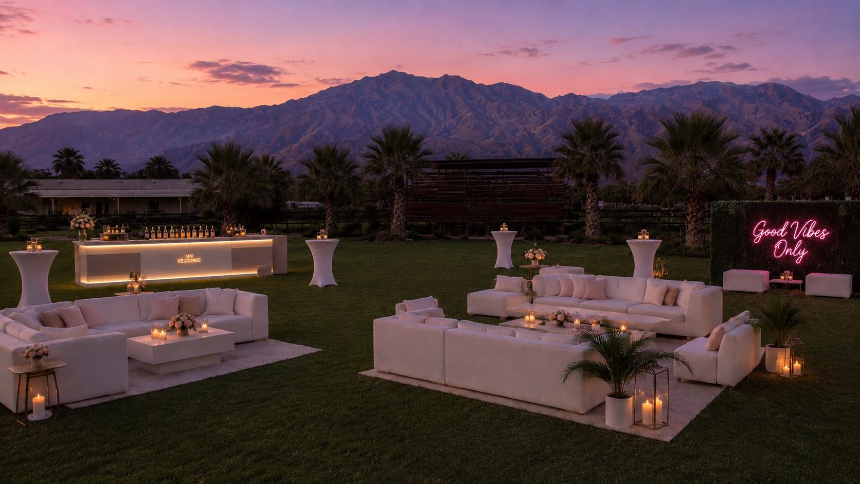 VIP brand activation at Mi Amor Ranch — white lounge furniture, neon Good Vibes Only sign, palms and pink sunset over the mountains