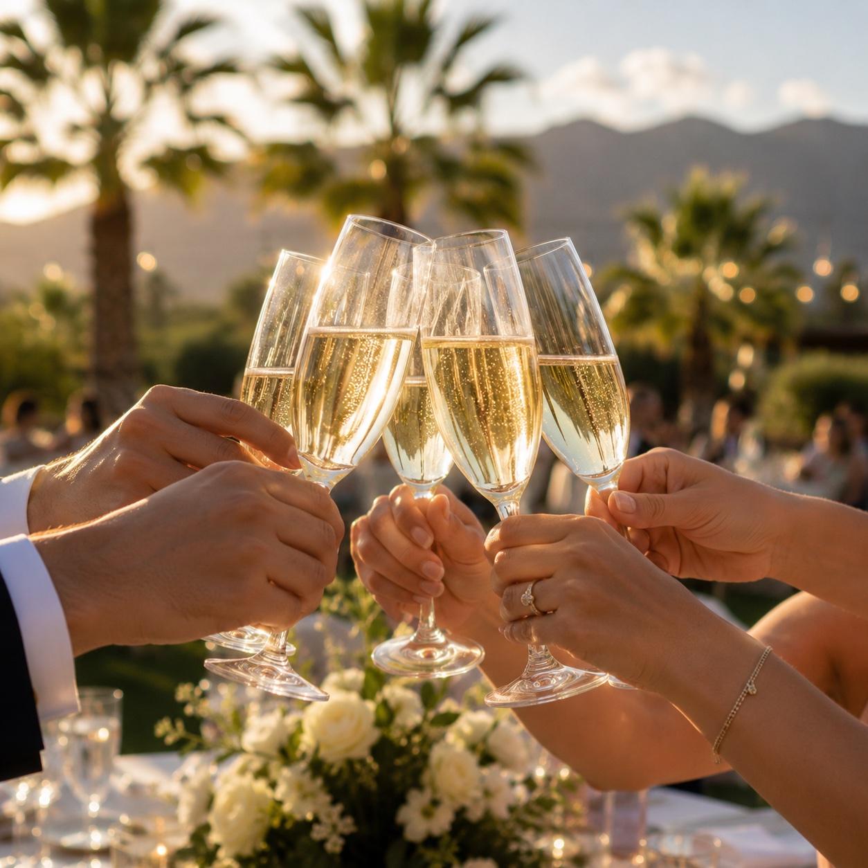Champagne toast at golden hour with palms and mountains in the background