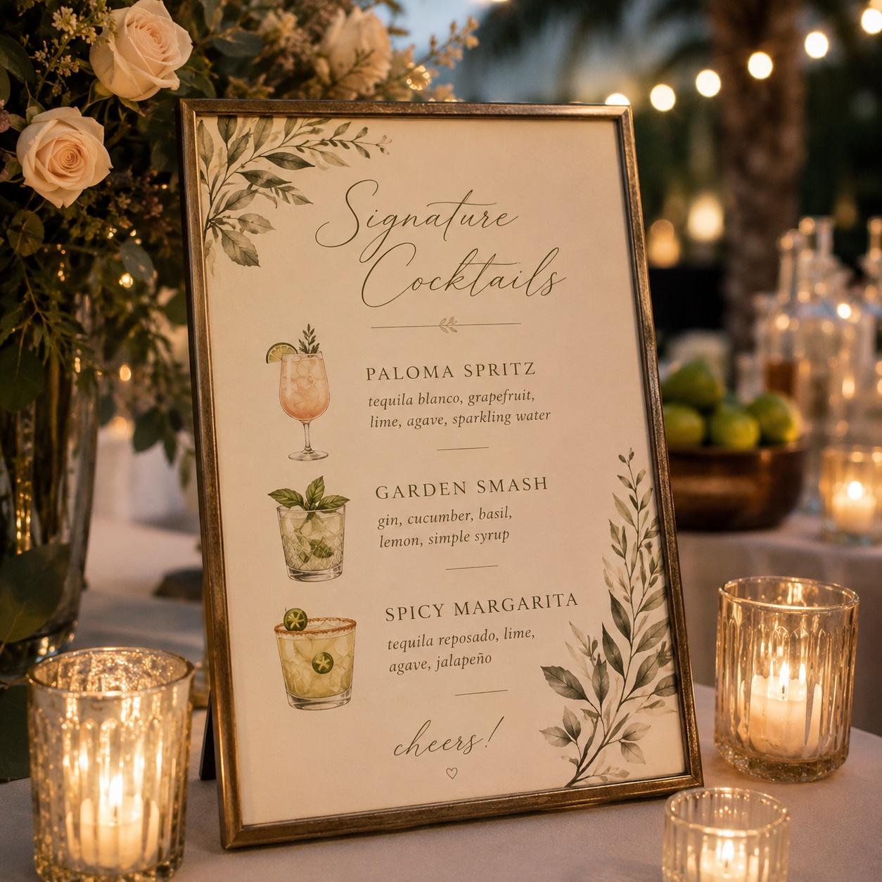 Signature cocktails menu signage with watercolor florals on a candlelit bar