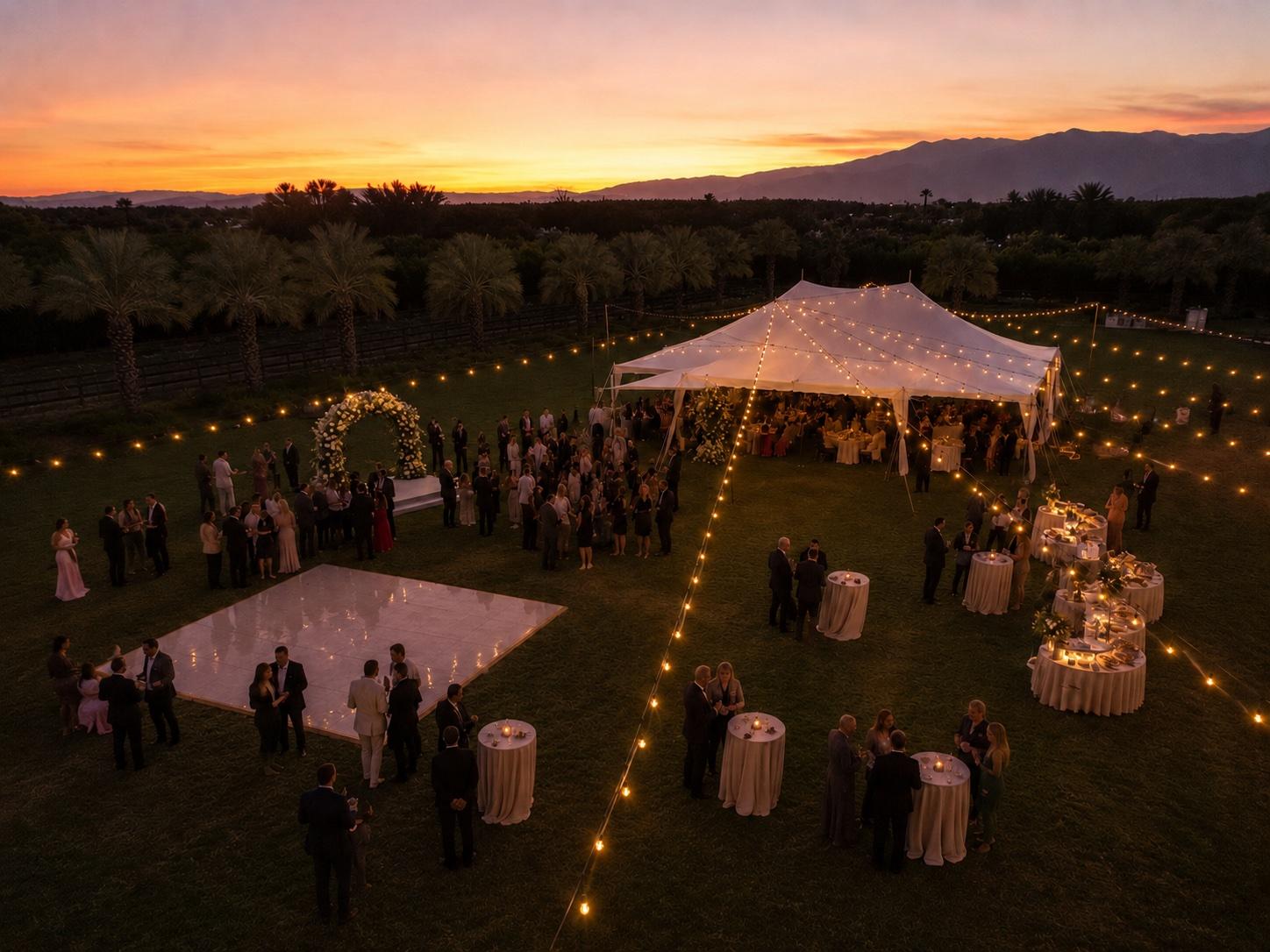 Aerial view of a wedding in full swing at Mi Amor Ranch — tent, dance floor, string lights, sunset