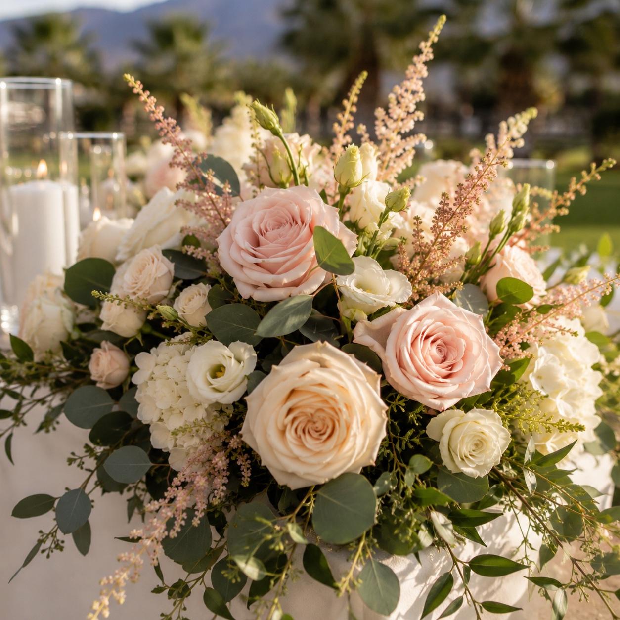 Floral arrangement close-up — blush roses, hydrangeas, eucalyptus, and candles