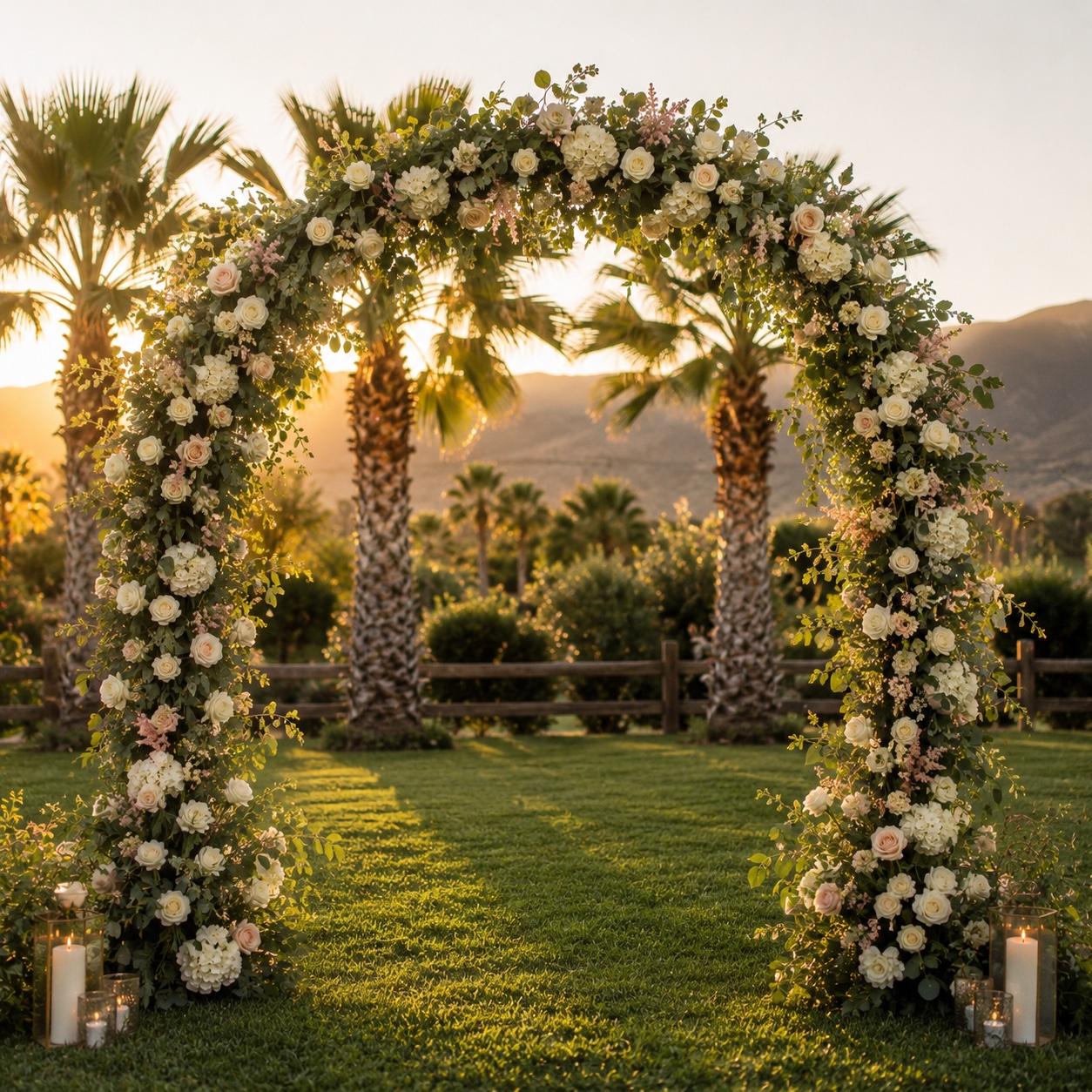 Empty wedding ceremony arch covered in white and blush florals with palms behind