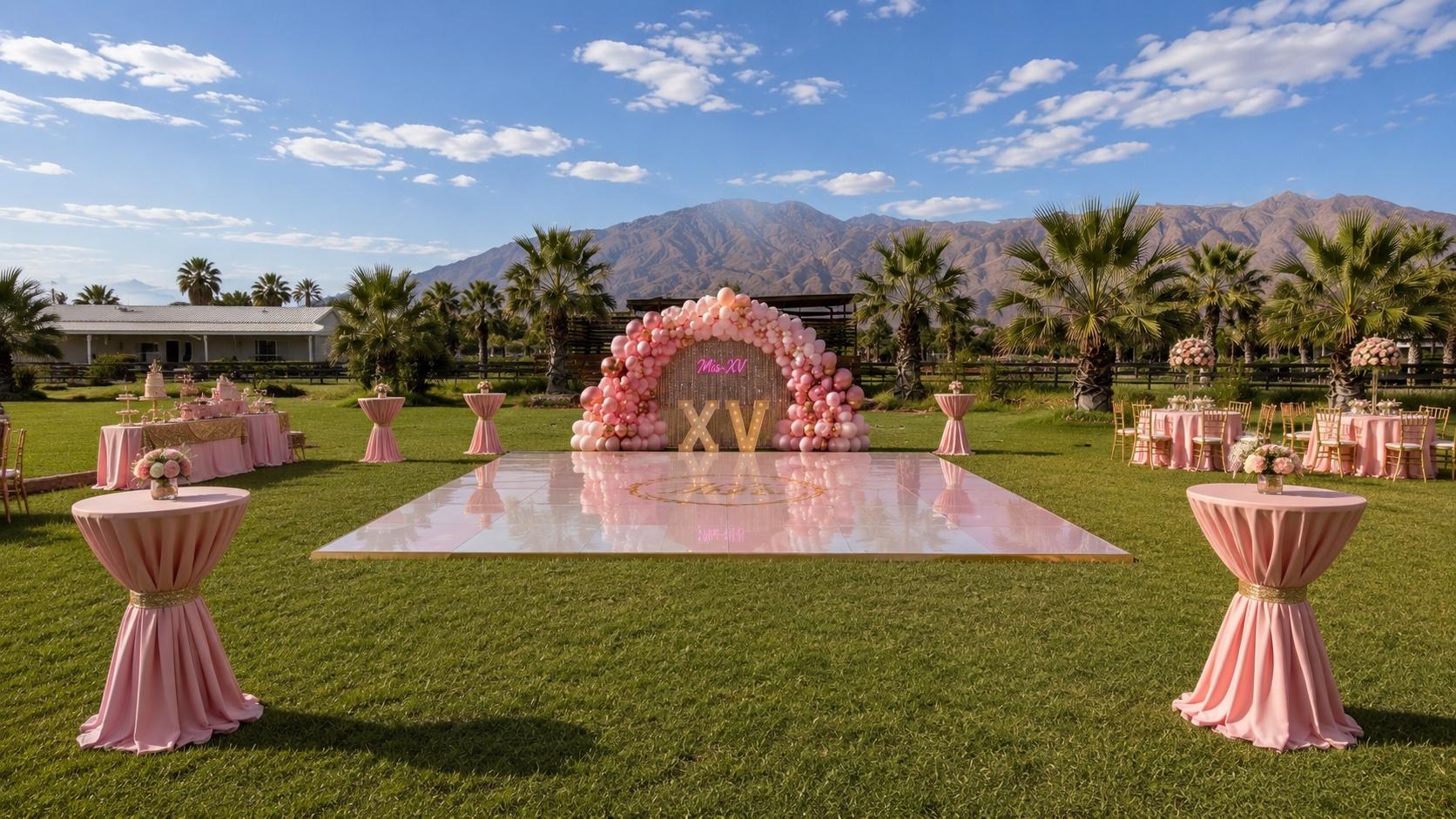 Quinceañera setup with pink balloon arch and dance floor