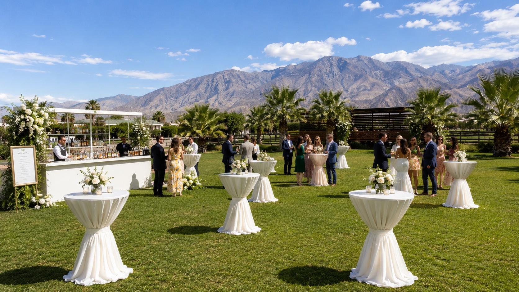 Daytime cocktail hour — white cocktail tables, bar, guests, mountain backdrop