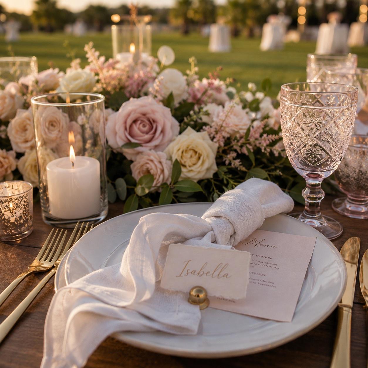 Place setting close-up with blush florals, taper candle, and a calligraphy name card