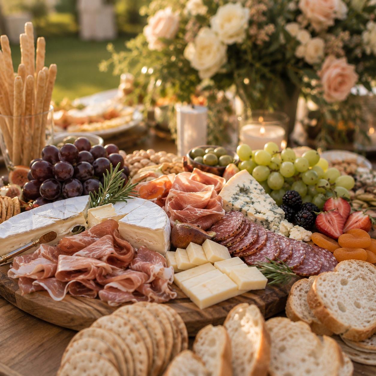 Charcuterie spread close-up — cheeses, meats, fruit, breadsticks, florals